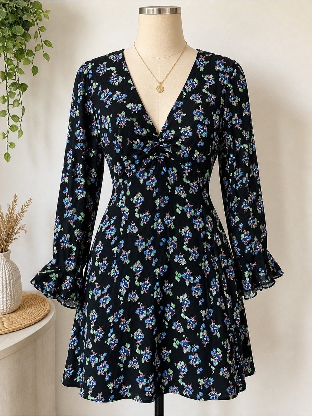 Scotch & Soda Floral Mini Dress Black Long Sleeve Cutout Tie Back